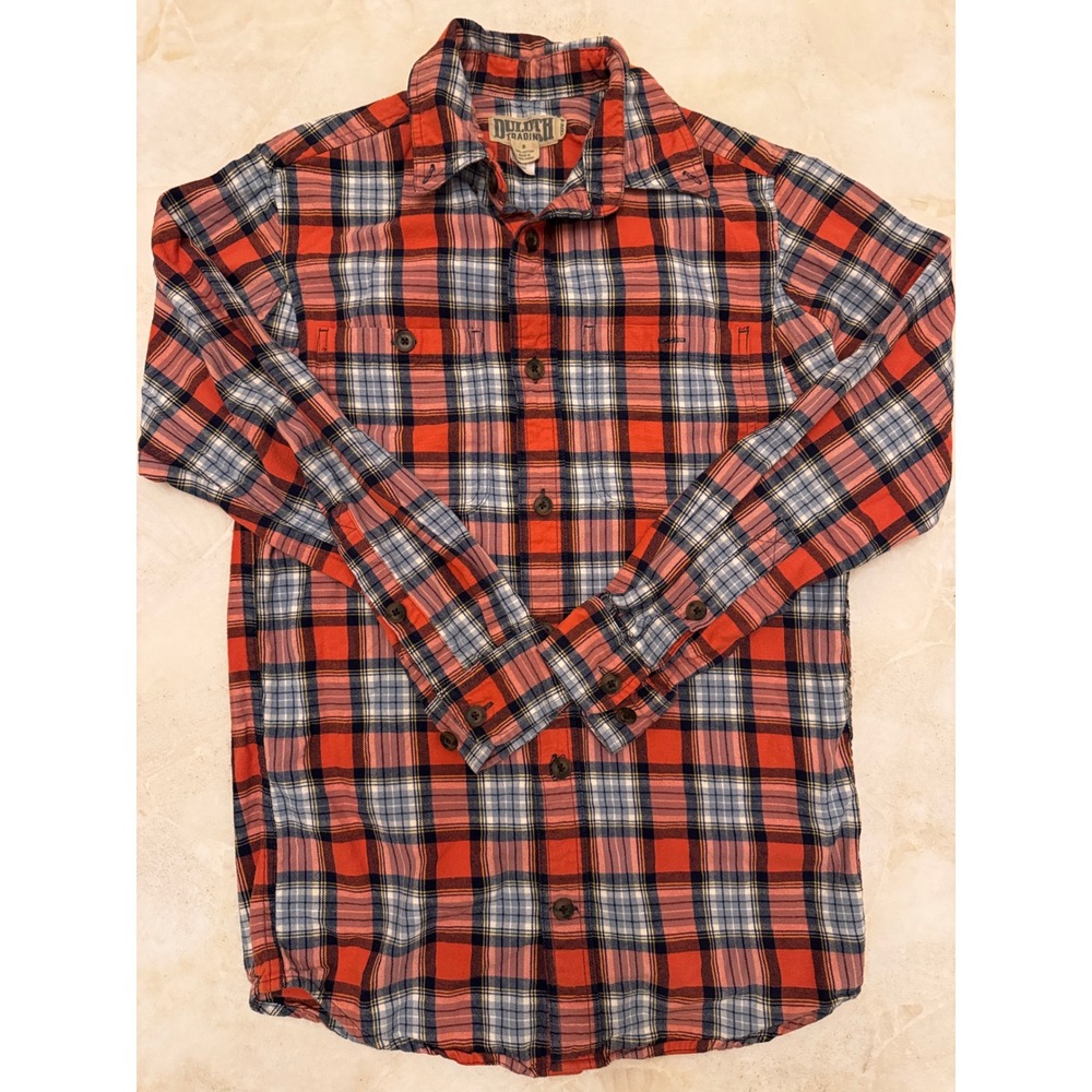 Duluth Trading Co Mens Small Trim Fit Plaid Flannel Button Down Shirt Red Blue